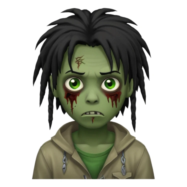 Boy, zombie, black hair,dreads, medium long, emo, shaggy, dark, spooky, creepy expression, green eyes sticker