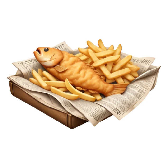Fish and Chips Cinematic Realistic Fish and Chips Dish Emoji, depicted as a crispy battered fish fillet and golden chips served in traditional newspaper wrapping, rendered with lifelike textures and warm natural lighting that captures its iconic British street food charm  . sticker