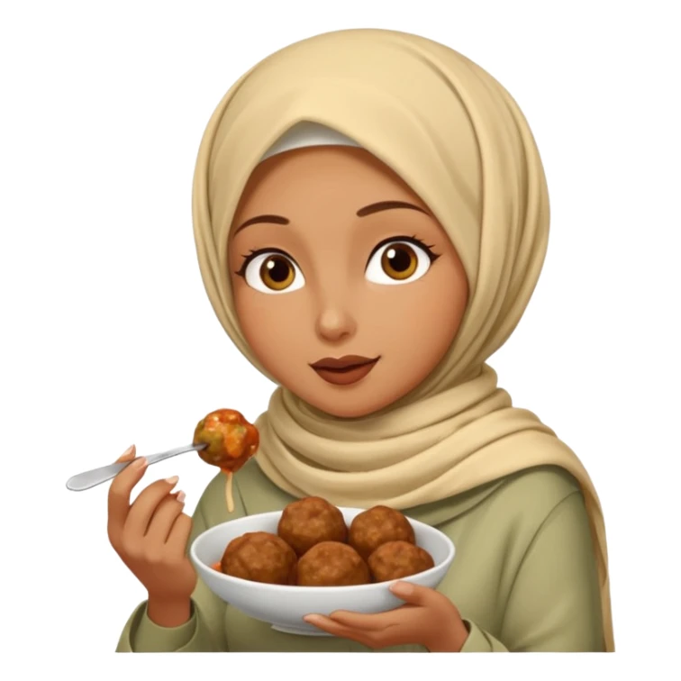 woman wearing a cream colored pashmina hijab eating meatballs sticker
