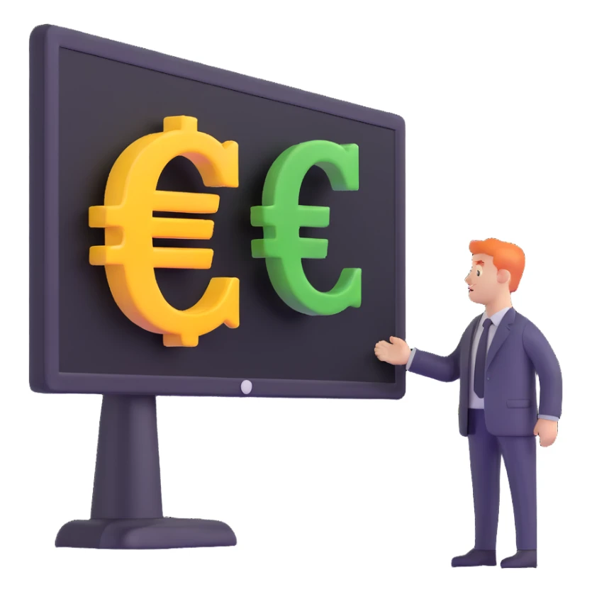 business analyst studying price data with euro symbol € on screen sticker