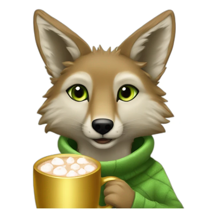 Jackal whit gold furr and light green eyes holding hot cocoa sticker