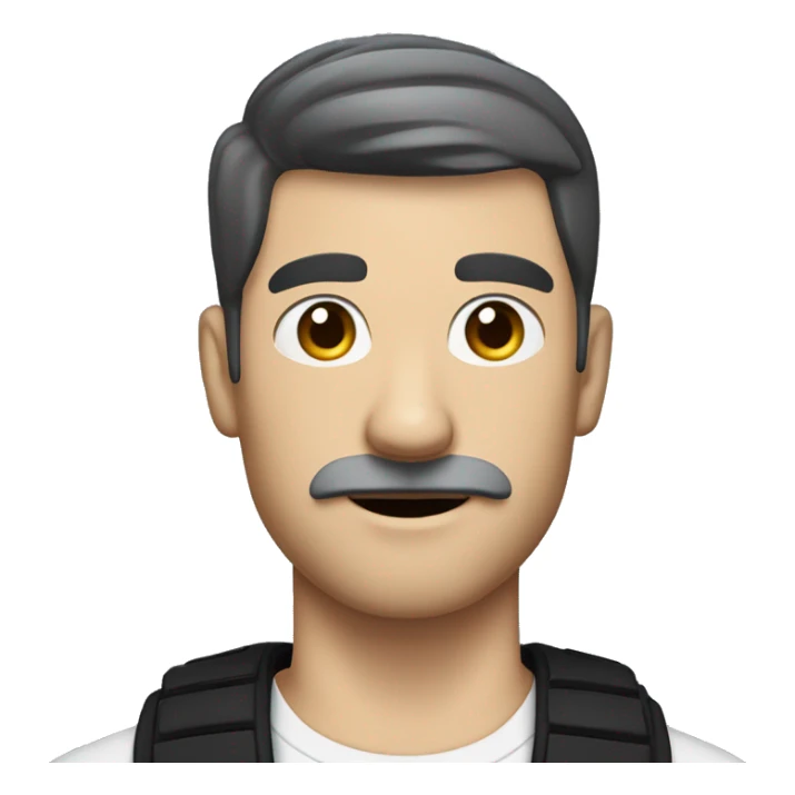 white man with a small square moustache and black side swept bangs short hair holding up his arm sticker