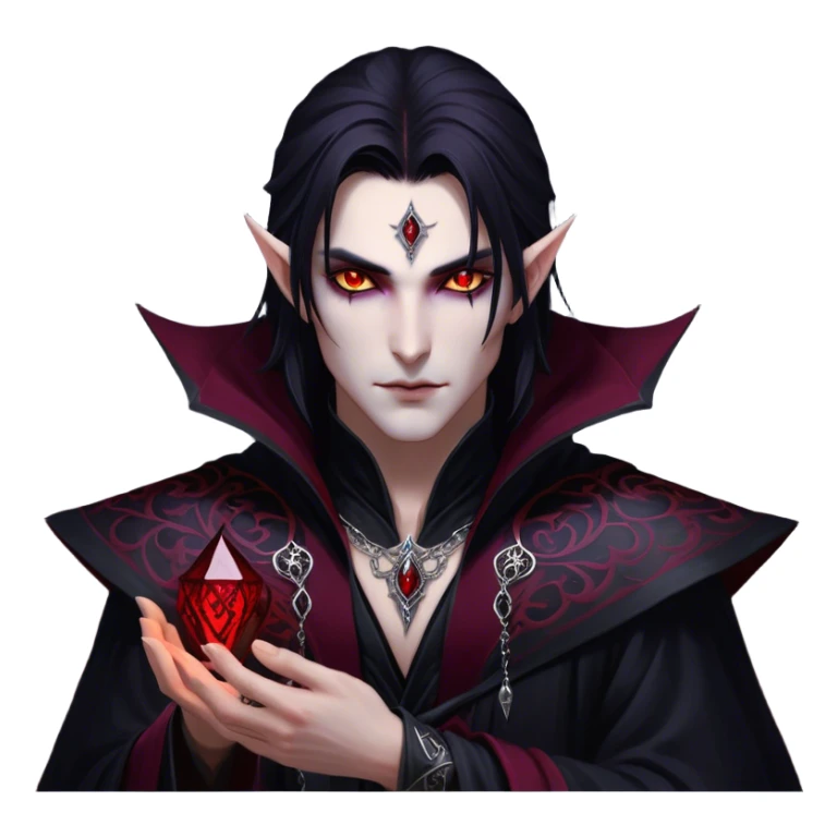 Cinematic Realistic WoW Vampire Mage Portrait, depicted with dark and mysterious elegance, wearing a flowing black robe intricately adorned with arcane silver filigree and esoteric runes. His pallid, almost ethereal skin contrasts with deep crimson, mesmerizing eyes, while his dark, slick hair falls in sleek strands. Rendered with lifelike texture and moody, dramatic lighting, high shine, noble and formidable, capturing the essence of a legendary vampire mage of Azeroth. sticker