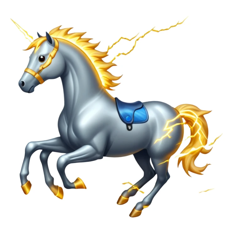Fast electric horse galloping with electricity flowing through metal plates, sparking wires, and lightning bolts coming off its body sticker