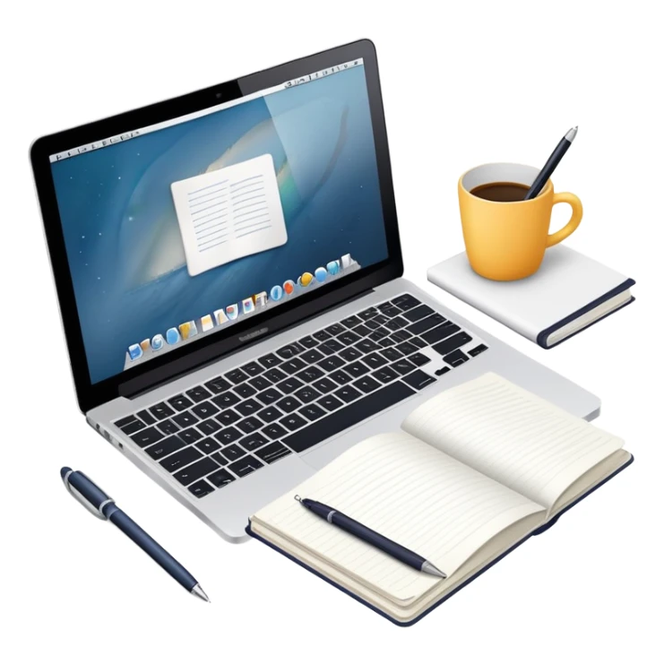 top view of a MacBook, open notebook with notes, and pen beside them sticker