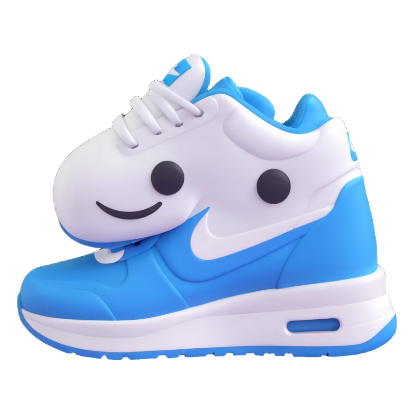 white and blue Nike sneaker, with a cute face, playful look, 3D emoji style sticker