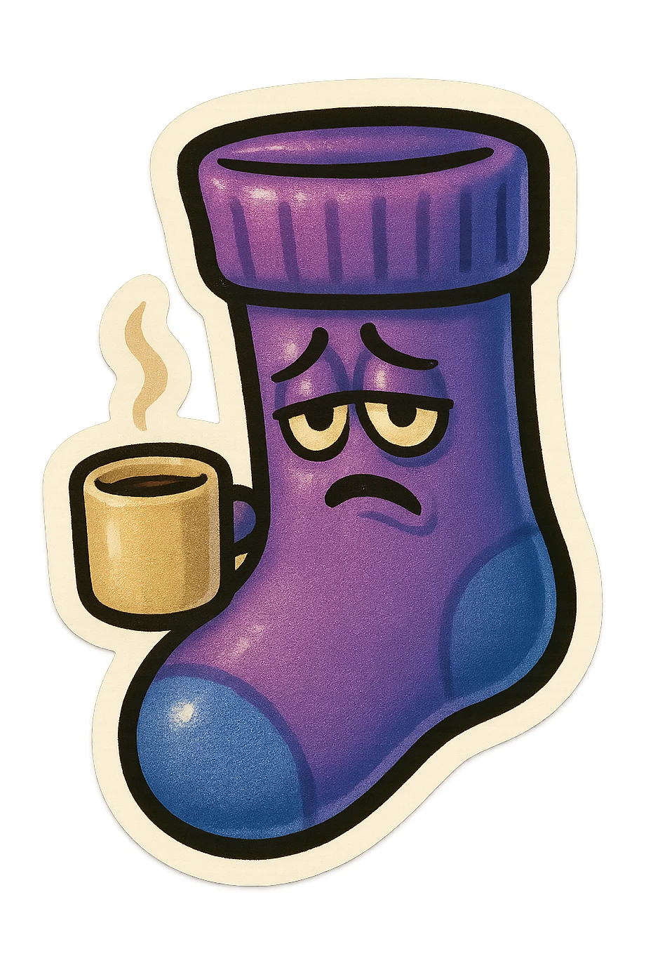 A purple sock with a tilted face, holding a coffee cup, representing tilt or exhaustion. sticker