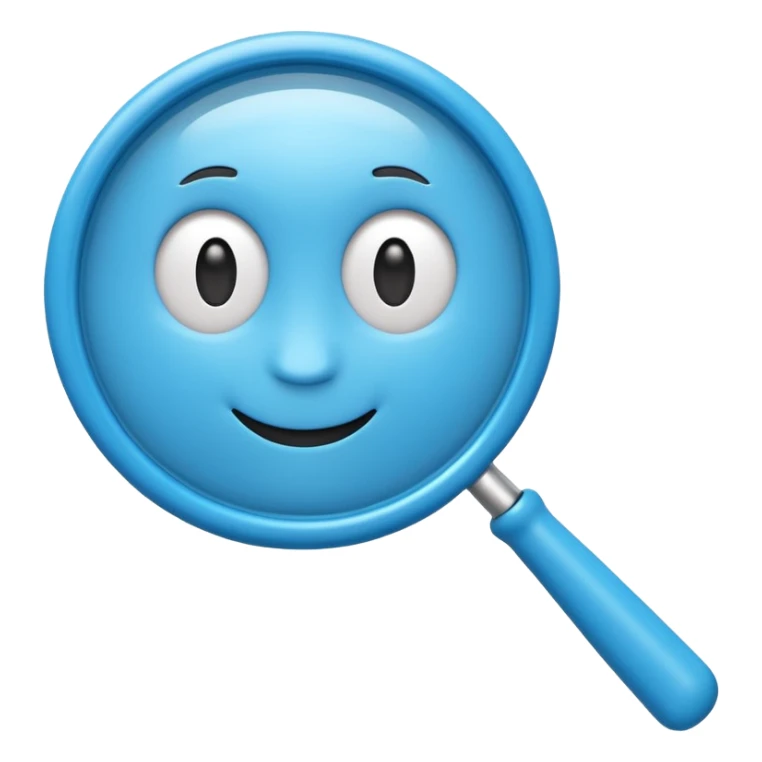 A cute 3D emoji-style blue magnifying glass, glossy plastic material, soft rounded shape, vibrant blue color, smooth reflections, minimal details, centered composition, isolated on a clean background, emoji style, high quality 3D render sticker