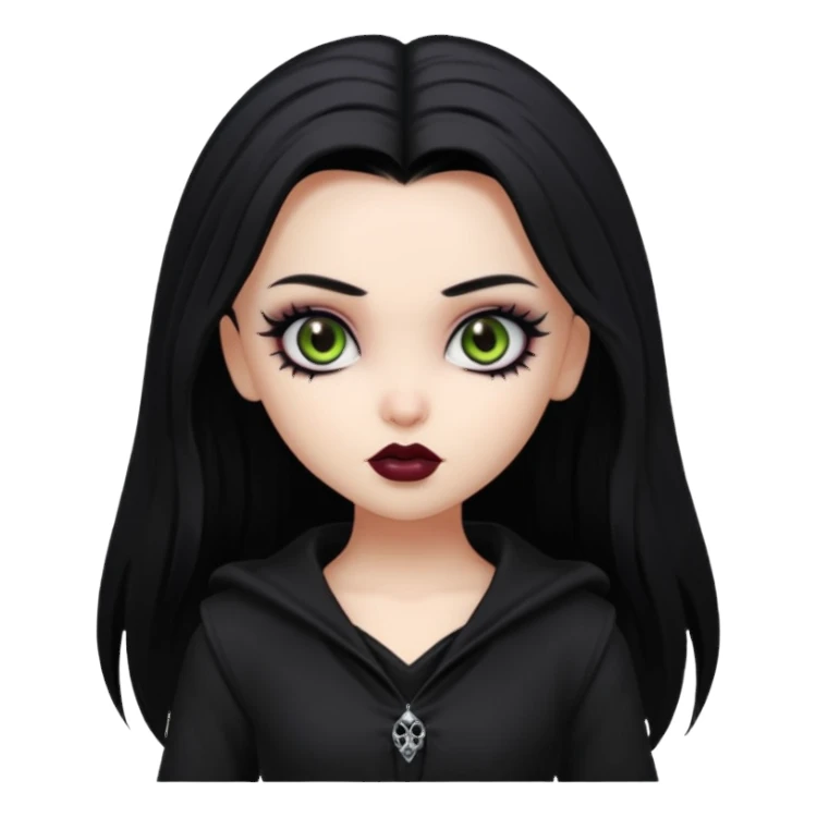 goth bratz baddie, beautiful hazel eyes, long black gothic hair style, black goth clothes sticker