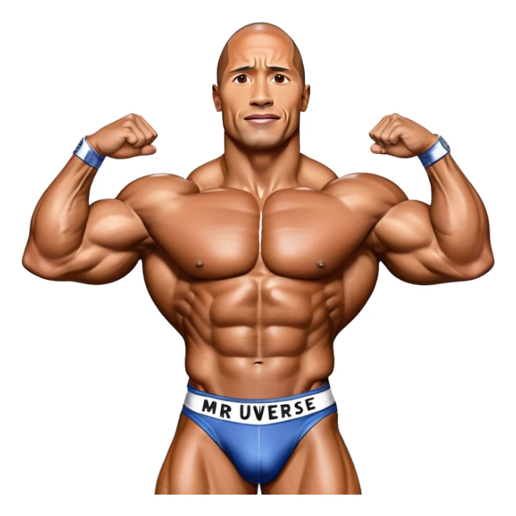 Dwayne Johnson, oiled and posing at the Mr. Universe bodybuilding championship, showcasing his muscular physique in an iconic display of strength. The background features the stage with judges and audience, capturing the intensity and prestige of the competition. Transparent background. sticker