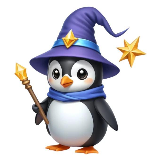 A cute penguin wearing a wizard hat and holding a magic wand sticker