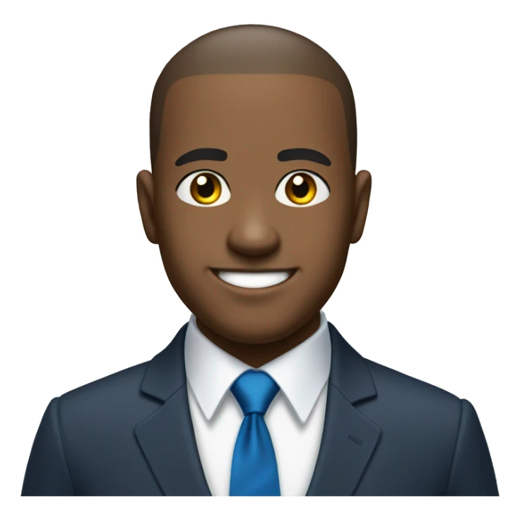 buzzcut hair, elegant, light black man, with a blue suit and tie. He's smiling with his eyes and showing hope. His shirt is white. His also brazilian and a politician  sticker