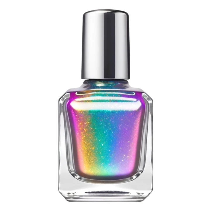 Ultra realistic, detailed, rainbow glitter effect holographic nail polish, glass translucent bottle, silver chrome lid sticker