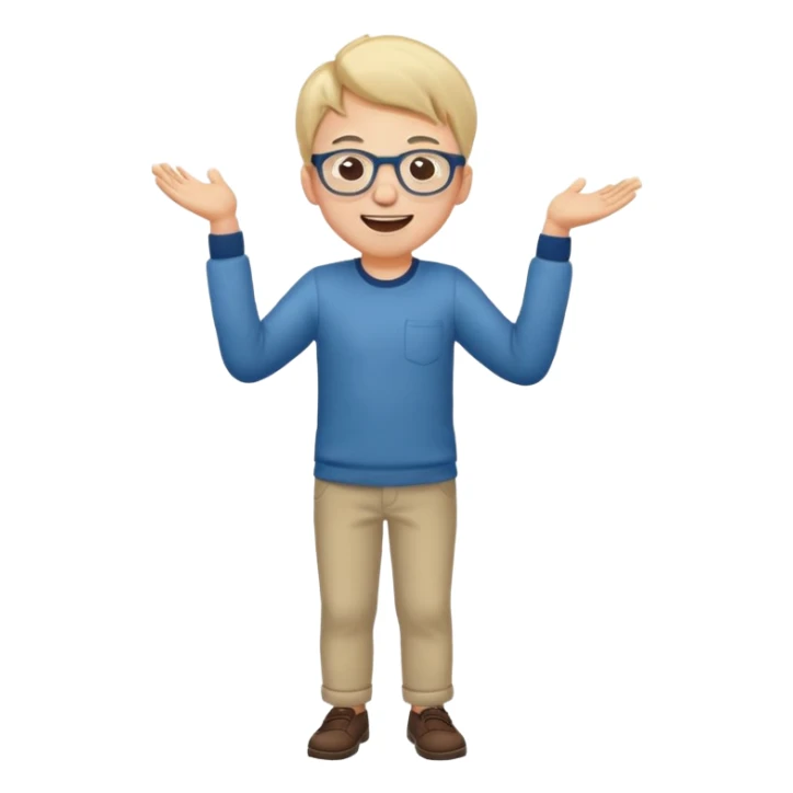 Very excited boy, full body, eyes closed, wearing glasses sticker