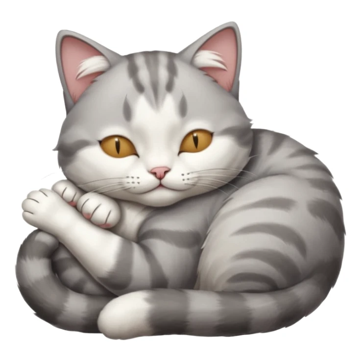 grey and white small cat with its eyes closed lying down leaning on his elbow with his paw curled under his head holding it up sticker