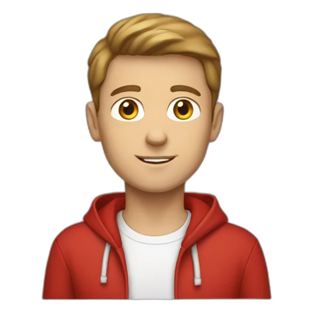 White male boy brown hair ref cap red hoodie sticker