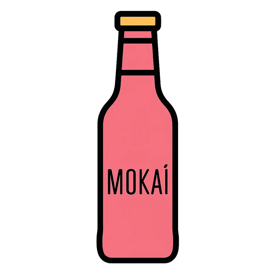 minimalist vector icon of a Mokai bottle, with Mokai logo and attributeGroup as owner, no background sticker