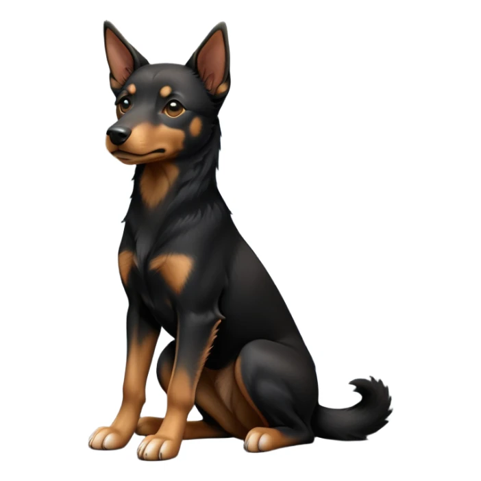 cinematic-[australian kelpie]-realistic-full-body-sitting-emoji,-tail-resting-loosely-beside-its-paws,-head-tilted-dramatically, -sleek-[Black and tan]-fur,-simplified-yet-realistic-focused-features,-highly-detailed,-glowing-with-an-almost-sarcastic-glow sticker