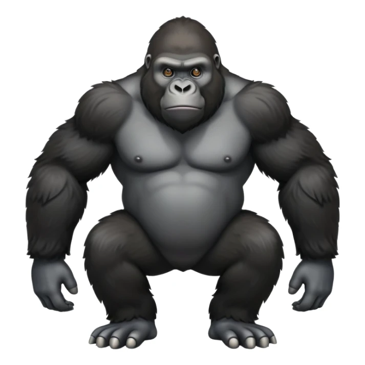 cinematic-friendly relaxed gorilla-realistic-full-body-crouched on all fours on knuckles-emoji,-poised-with-confidence,-massive-arms-hanging-slightly-forward,-head-tilted-thoughtfully,-thick-black-fur,-deep-dark-eyes-full-of-intelligence,-simplified-yet-realistic sticker