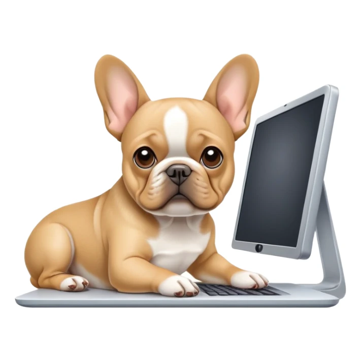 Tan french bulldog working behind computer sticker