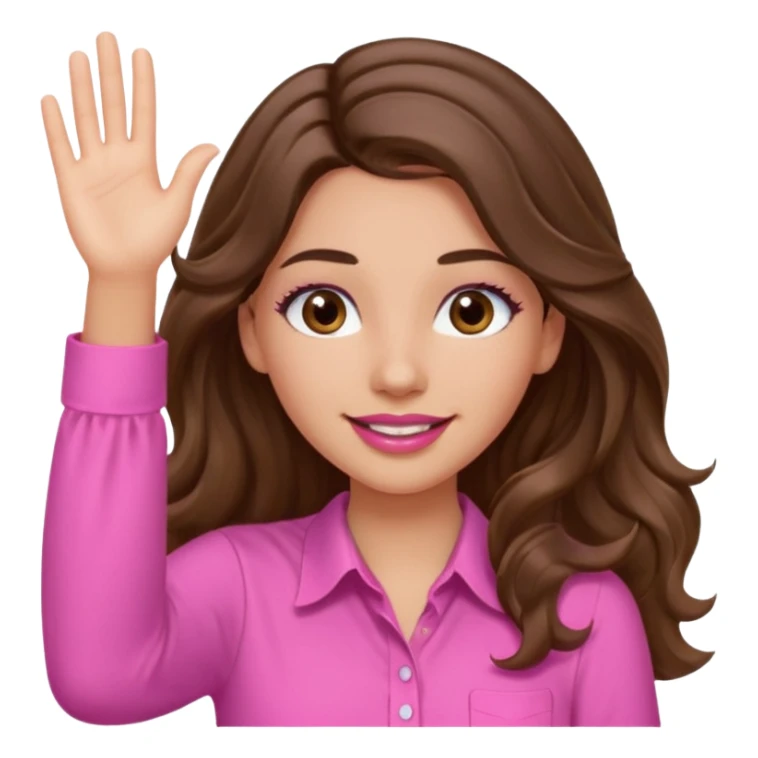 girl with long wavy brown hair, brown eyes, light to medium complexion, in a pink shirt, pink lips, long lashes, puckered lips, both hands in teh air sticker