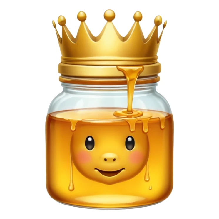Honey jar filled with golden thick honey with a crown on top sticker