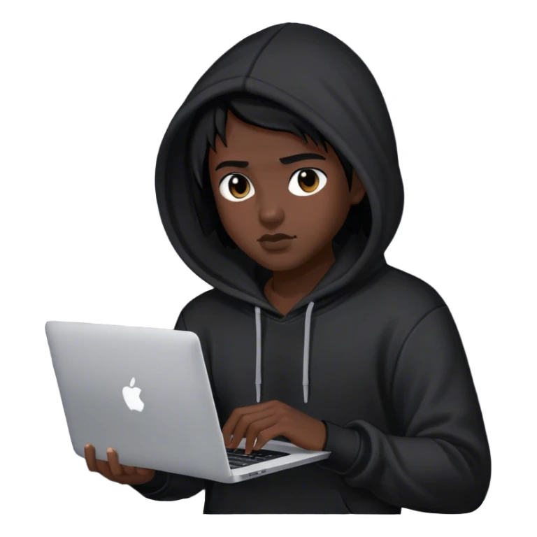 hackeur cheveux noir et capuche noiravec un macbook sticker