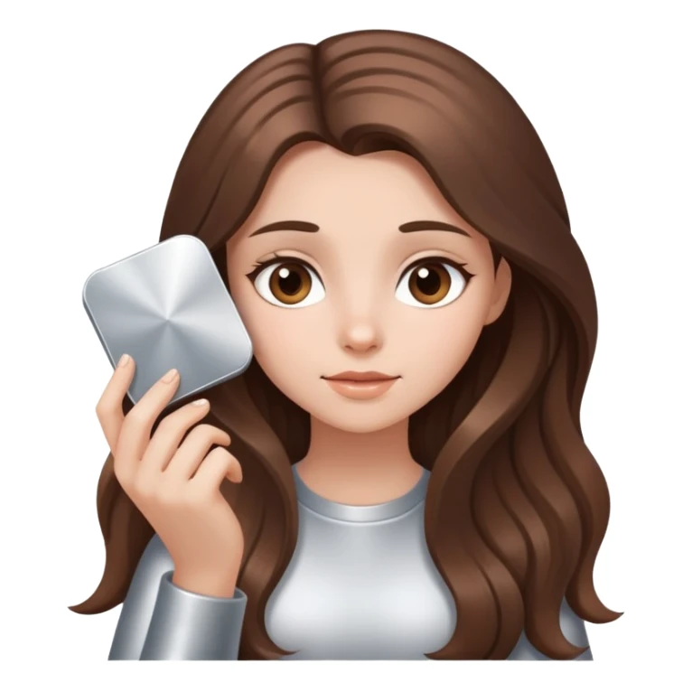 A girl with long brown hair holding a silver gradient sticker