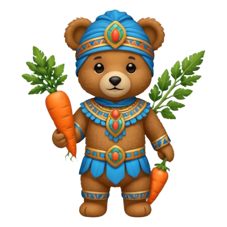 teddy bear, wearing blue mayan ancient custome, with carrot half body sticker