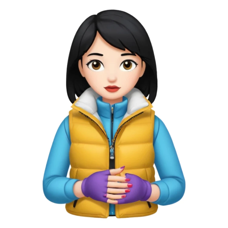 girl with black hair in a white puffer vest with nails sticker