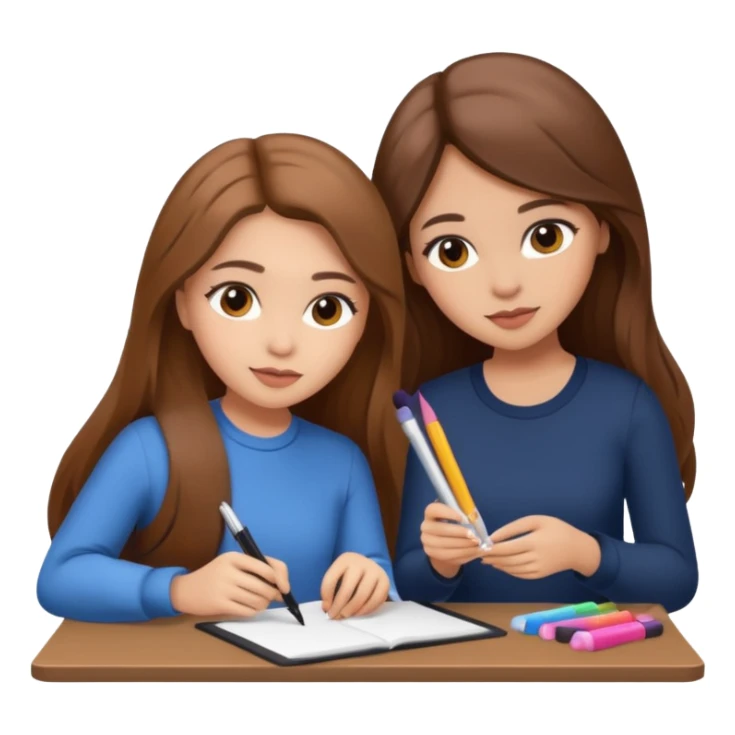 TWO BROWN HAIRED GIRLS DOING PROJECT IN  COMPANY, PROFESSIONAL AND CUTE , LONG HAIR MAKEUP sticker