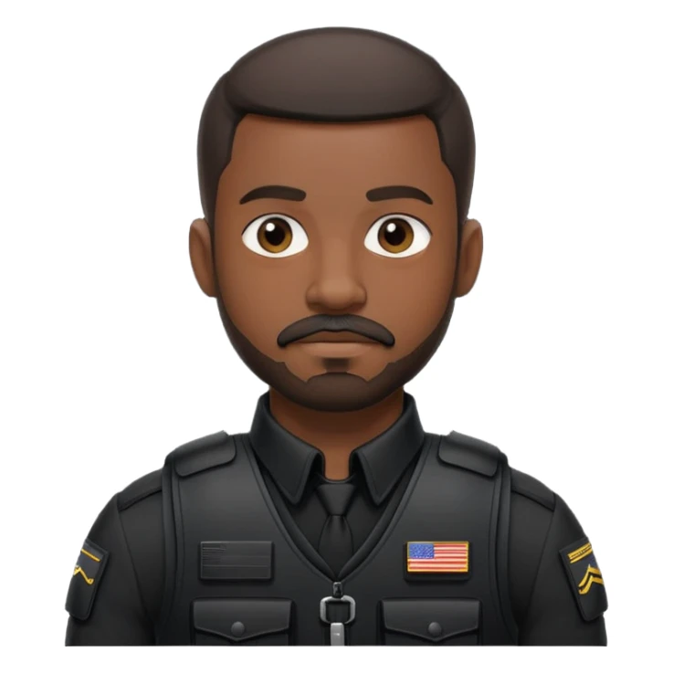 black soldier very short hair, short beard that connects seamlessly to his mustache,  in black bulletproof vest, black uniform sticker