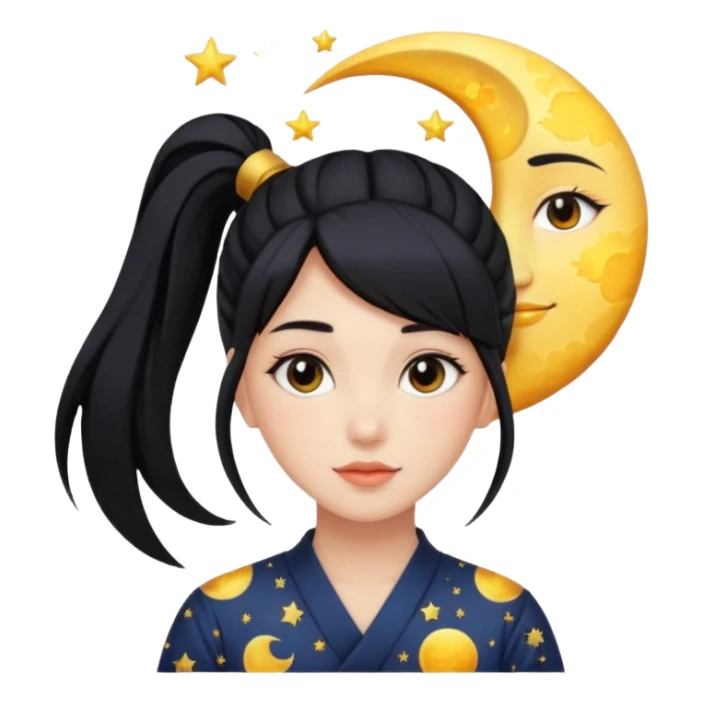 girl with black ponytail, sun, moon, star sticker