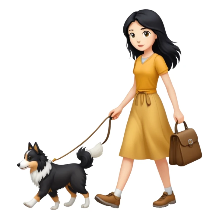 A girl with long black hair walking a collie sticker
