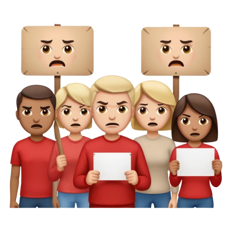 a crowd of people with angry faces and holding placards that read: we disagree sticker