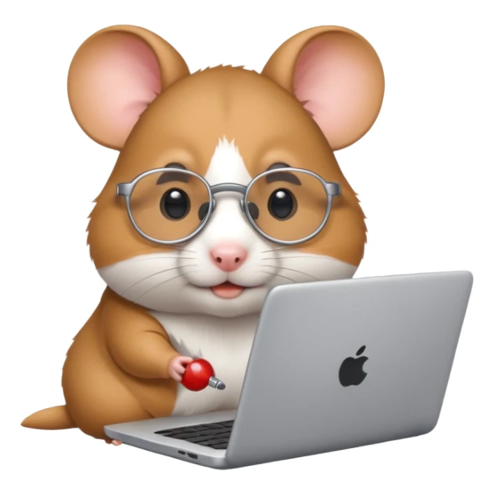 Silver-rimmed, bespectacled front hamster working on a laptop sticker