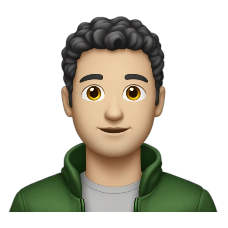 white guy, 30 years old, dark hair, medium height, blue eyes, wearing a green bomber and black jeans. sticker