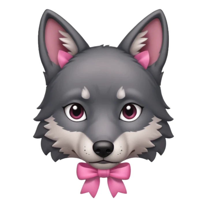 Pleading sad Face cute dark grey wolf with a pink ribbon io his ear head sticker