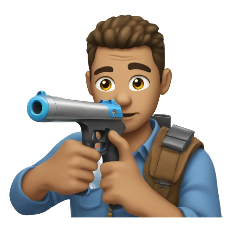 Man pointing water gun at user while having puppy eyes sticker