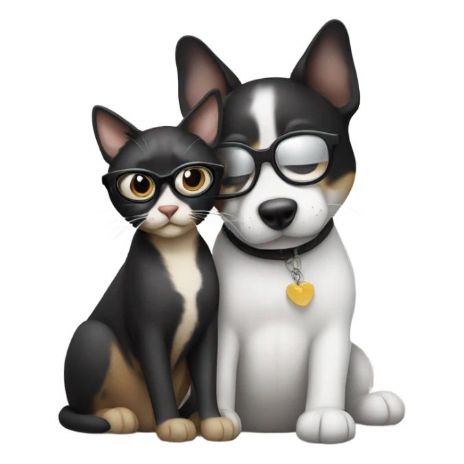 a cat in black glasses hugs a dog in black glasses sticker