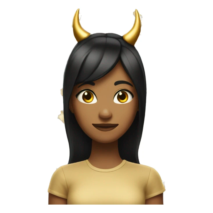 Girl with tan skin devil horns with white and gold on each side gold shirt black hair sticker