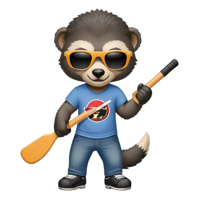 mischievous anthropomorphised honey badger in jeans and a t-shirt, wearing sunglasses, holding a hockey stick sticker
