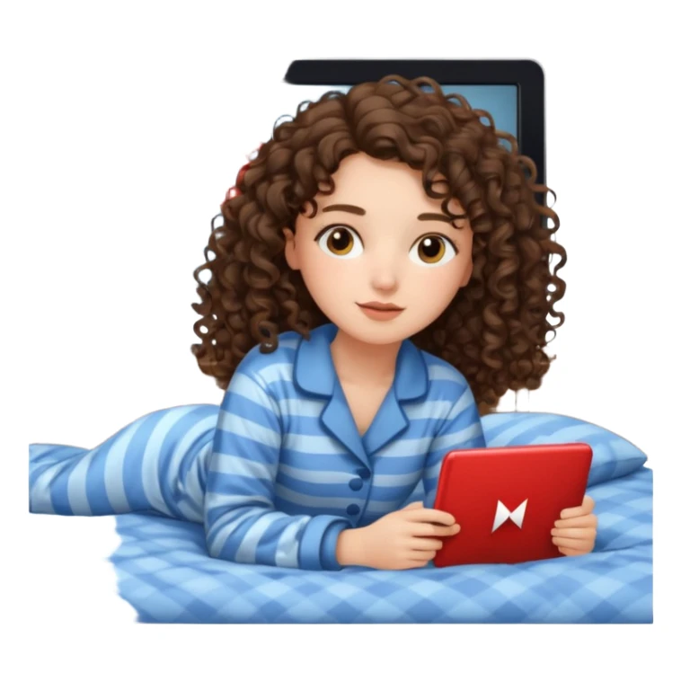 A girl, brunette with curly hair down to her shoulders, watching TV. Have her lie down on the bed, and put on Netflix on the TV. sticker