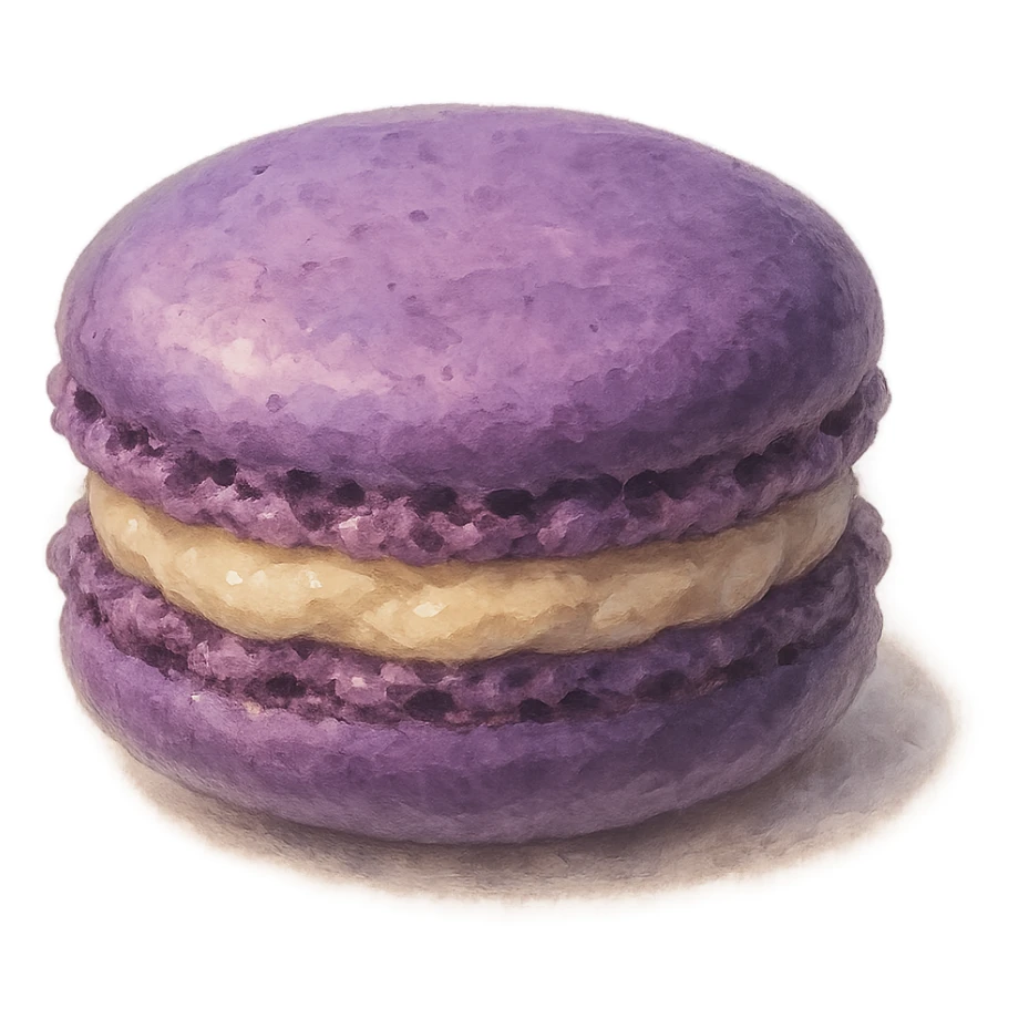 realistic Ghibli style purple macaron with creamy filling, soft painterly look, magical and appetizing sticker