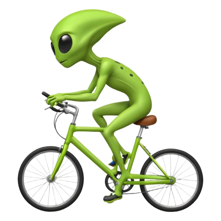 green alien riding a bicycle, big black eyes, thin body, casual cycling pose, playful sci-fi vibe, 3D cartoon, mobile game icon style, clean background, no text, no watermark
 sticker