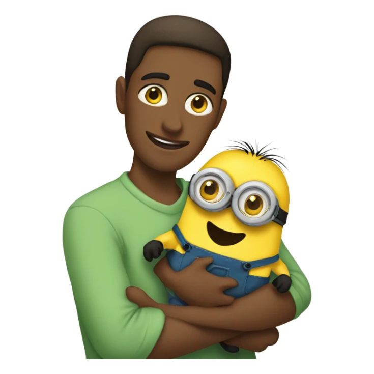 men, brown eyes holding between his arms a minion with green eyes sticker