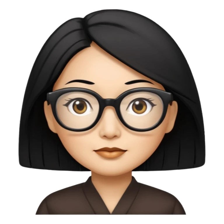50 yr old asian woman, straight thick long black hair, big black, side part, big glasses sticker
