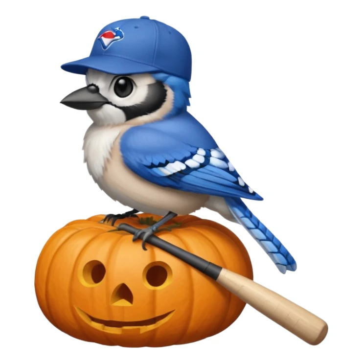 bluejay sitting on Halloween pumpkin wearing MLB bluejay baseball hat holding a bat sticker