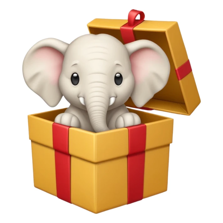 A white elephant popping out of a gift box sticker