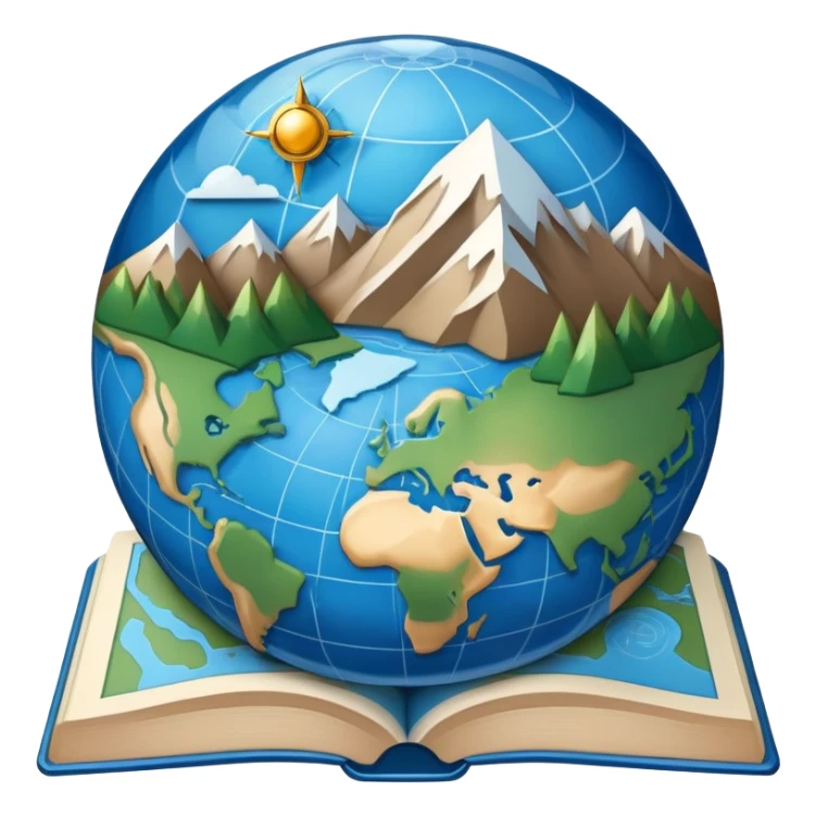 an icon featuring an earth with attitude and longitude lines, a textbook, and a topographic map, symbolizing geography as a science. The design includes a compass, mountain ranges, and rivers, representing the study of Earth's features and landscapes. Transparent background highlights geography. sticker